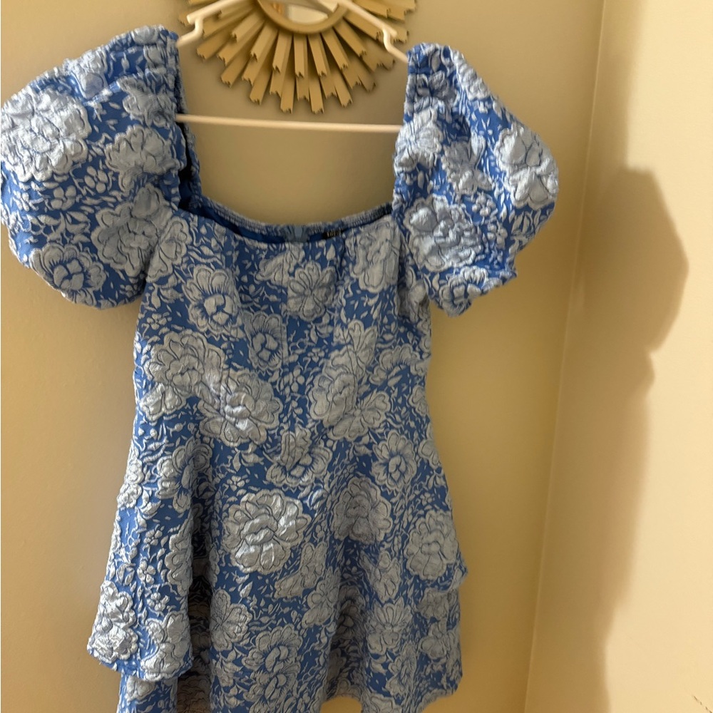 Blue and White Floral Dress with Puff Sleeves